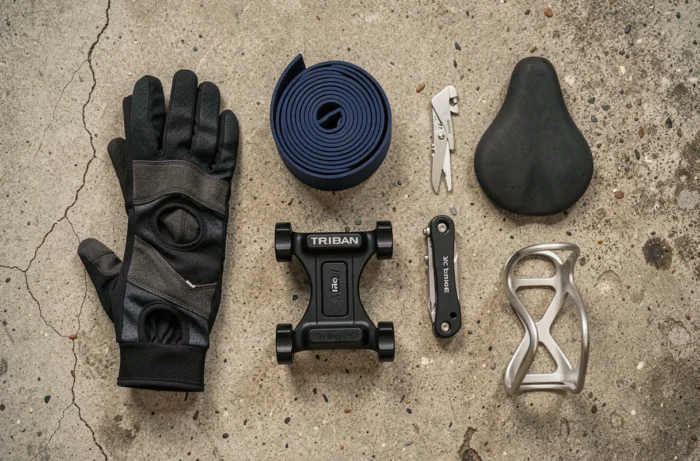 Mise à plat de cinq accessoires de confort pour le vélo de route Triban RC 120 sur fond de béton brut