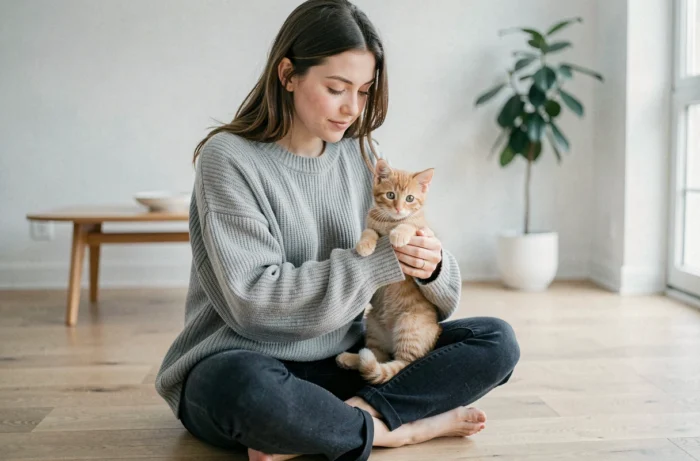 Jeune femme tenant un chaton roux de 8 semaines dans un appartement moderne, représentant l'adoption responsable d'un chaton au bon âge