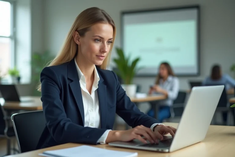 Agente municipale se connectant à son espace personnel IntraParis sur un ordinateur portable dans un bureau moderne