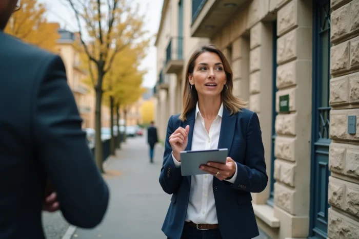 Agente imobiliário apresentando uma casa à venda a um comprador potencial em uma rua residencial francesa