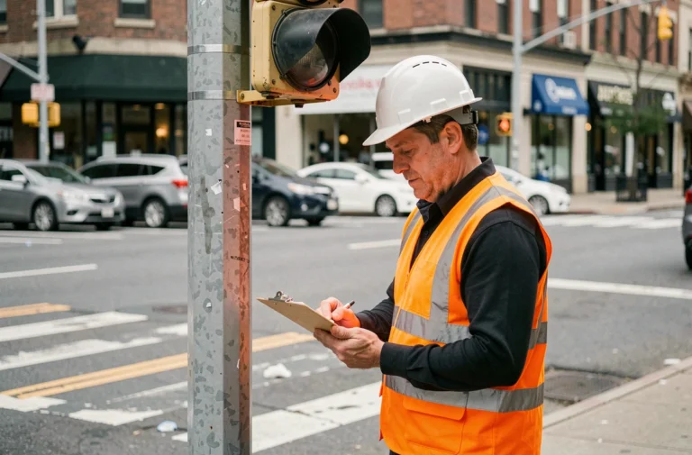 Agent de maintenance municipal inspectant un feu de circulation défaillant à une intersection urbaine