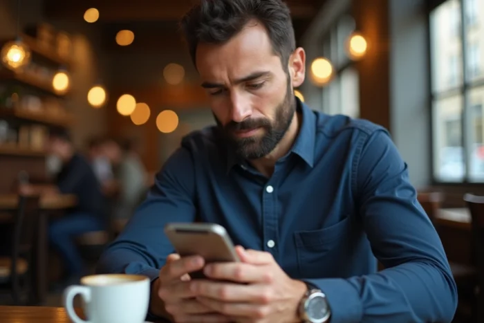 Homme configurant un virement et ajoutant un bénéficiaire sur l'application mobile Société Générale dans un café