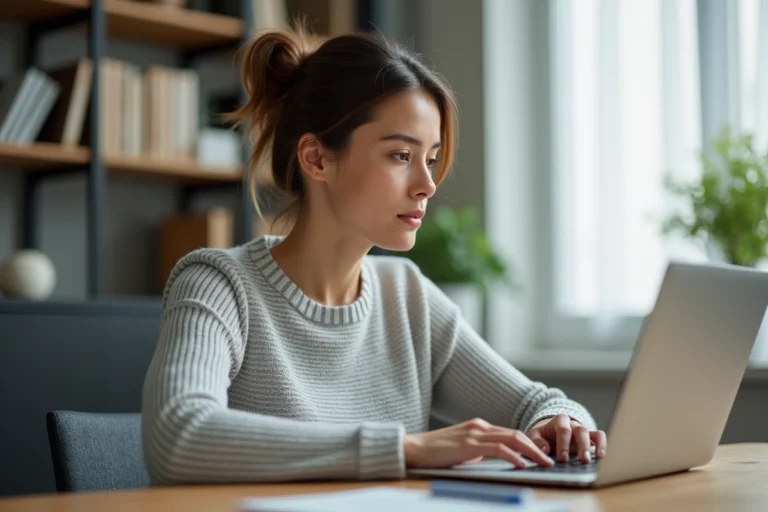 Femme ajoutant un bénéficiaire sur son compte Société Générale depuis son ordinateur portable à domicile