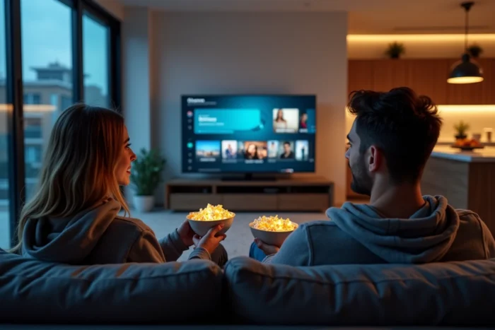 Deux amis choisissant une série à regarder en streaming sur un grand écran dans un appartement moderne