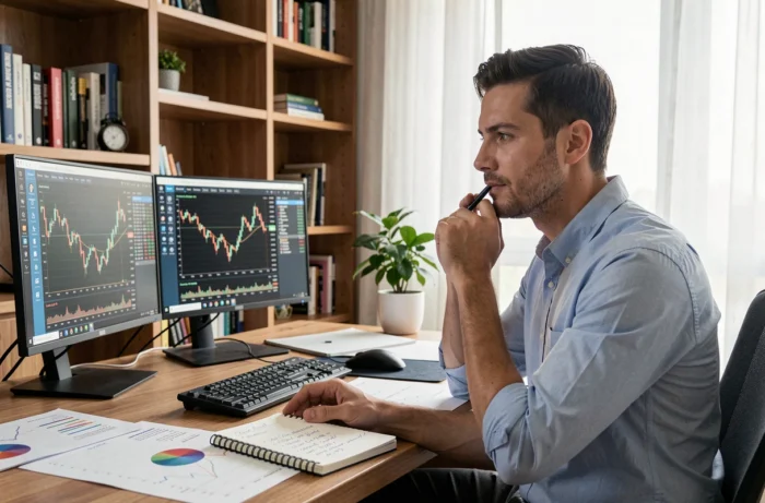 Homme analysant des graphiques boursiers sur un double écran dans un bureau moderne, avec des notes manuscrites et des documents financiers sur le bureau