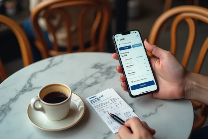 Mains tenant un smartphone avec l'application SNCF Connect et un billet de train imprimé posé sur une table de café