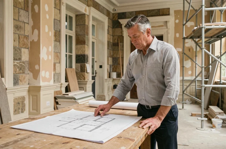 Architecte examinant des plans de rénovation dans le hall d'une copropriété en travaux
