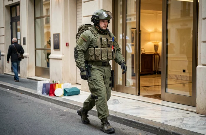 Artificier en tenue de déminage intervenant devant un hôtel de luxe à Cannes lors d'une alerte à la bombe