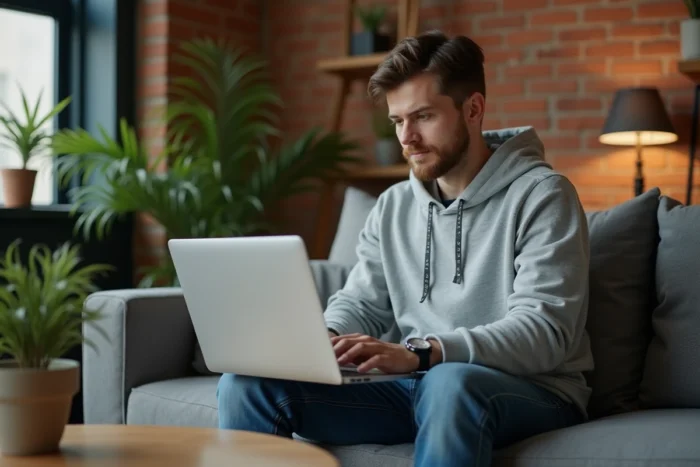 Homme utilisant le chat en ligne pour contacter l'assistance Roomlala depuis son appartement