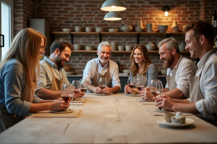 Adultes participant à un atelier créatif de poterie accompagné d'une dégustation de vin dans un studio artisanal