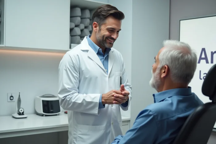 Un audioprothésiste explique les options d'appareils auditifs à un patient dans un centre Amplifon