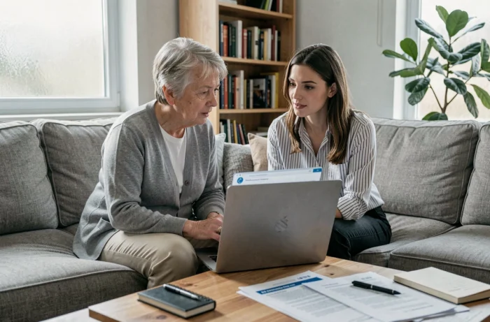 Deux femmes consultant un site administratif sur les avantages fiscaux de l'hébergement à titre gratuit