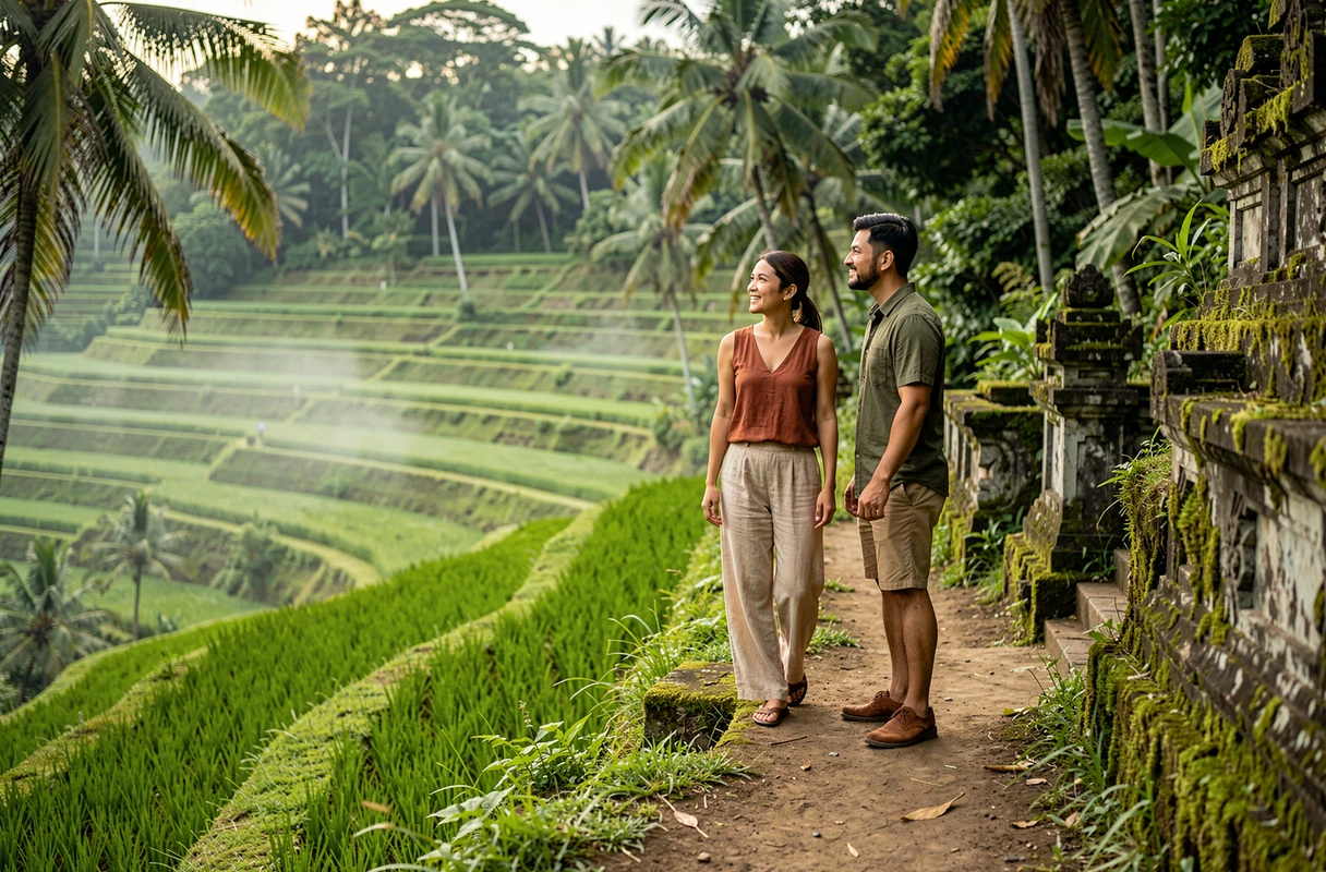 Couple exploring the lush terraced rice fields of Bali, Indonesia