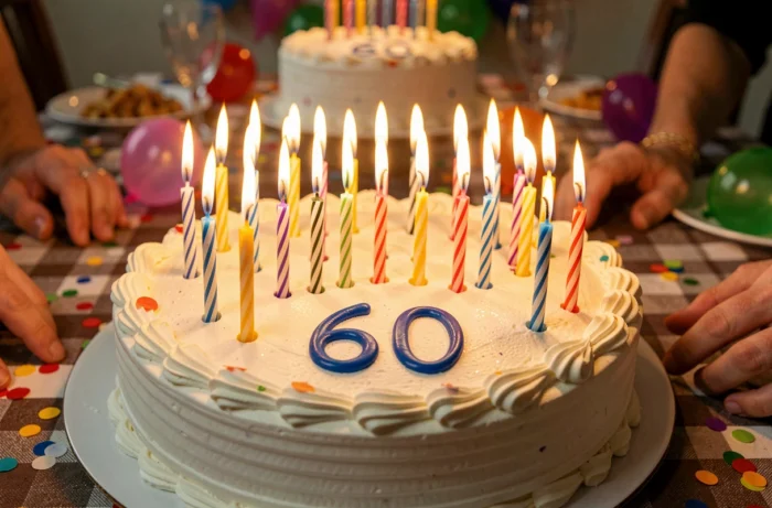 Gros plan sur un gâteau d'anniversaire avec 60 bougies allumées disposées en rangées sur un glaçage blanc