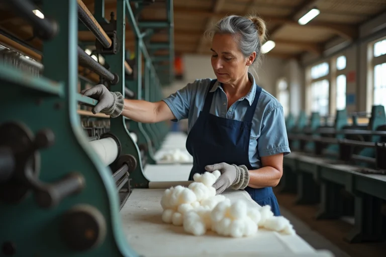 Ouvrière textile alimentant une machine de cardage dans une filature industrielle lors de la fabrication de tissu