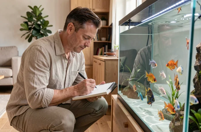 Père notant des observations sur ses poissons dans un carnet devant son aquarium