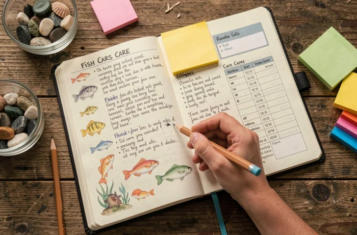Carnet de suivi de poissons ouvert avec illustrations et notes de soins en famille