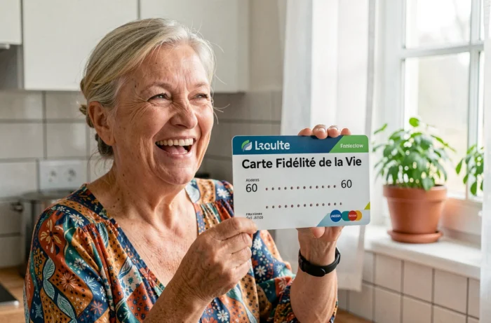 Femme de 60 ans tenant une fausse carte de fidélité humoristique représentant les années de vie