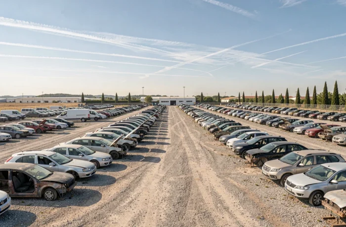 Vue extérieure d'une grande casse automobile avec rangées de véhicules désassemblés à Plan de Campagne