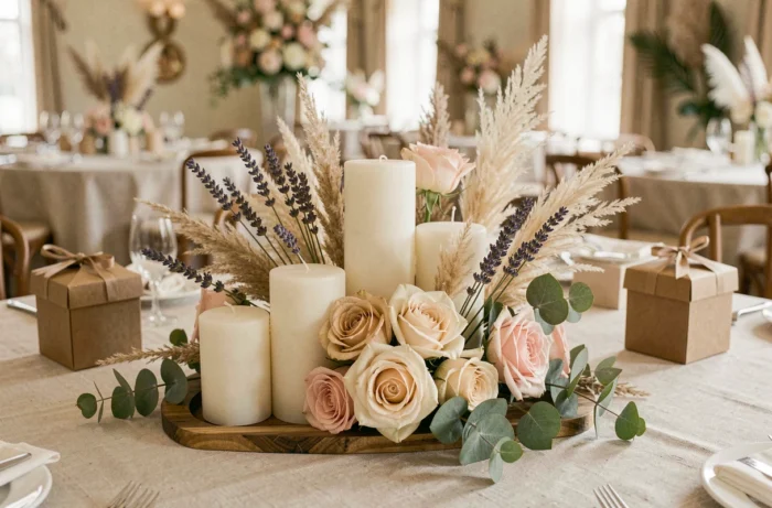Centre de table de baptême avec bougies piliers et fleurs séchées en tons ivoire et blush, sur nappe en lin