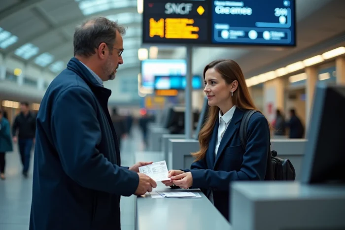 Voyageur demandant un changement de nom sur un billet SNCF au guichet d'une gare française