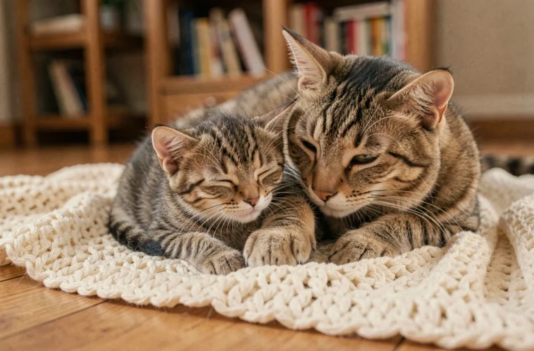 Chaton tabby de 6 à 8 semaines blotti contre sa mère sur une couverture tricotée, illustrant le lien maternel essentiel avant la séparation