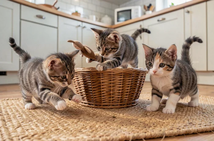 Trois chatons de 7 à 9 semaines jouant ensemble sur un tapis en sisal, illustrant le développement social des chatons avant et après la séparation