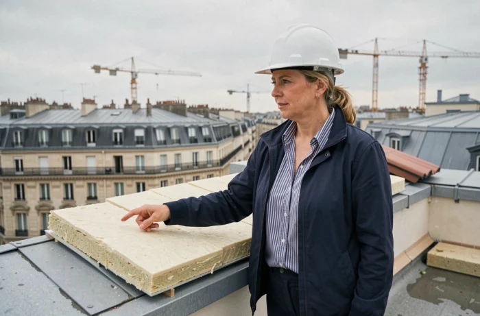 Cheffe de projet sur une toiture de copropriété en cours de rénovation avec isolation thermique