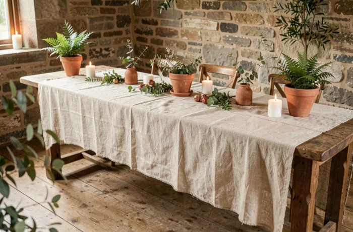 Chemin de table en lin brut texturé sur une longue table de baptême champêtre avec décor botanique naturel