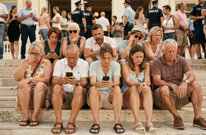 Touristes et habitants évacués et rassemblés sur les marches du Palais des Festivals de Cannes lors d'une alerte à la bombe