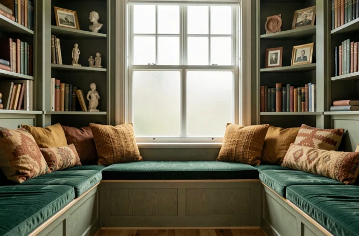 Coin lecture cosy avec banquette en velours vert et bibliothèques en vert sauge dans un intérieur chaleureux et tendance