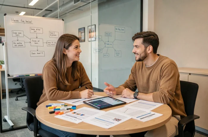 Deux jeunes professionnels collaborant sur des outils de marketing digital et de gestion de présence en ligne