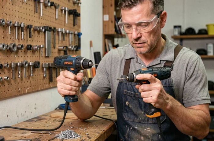 Comparaison entre un outil Dremel et un outil Parkside de Lidl tenus par un artisan dans son atelier