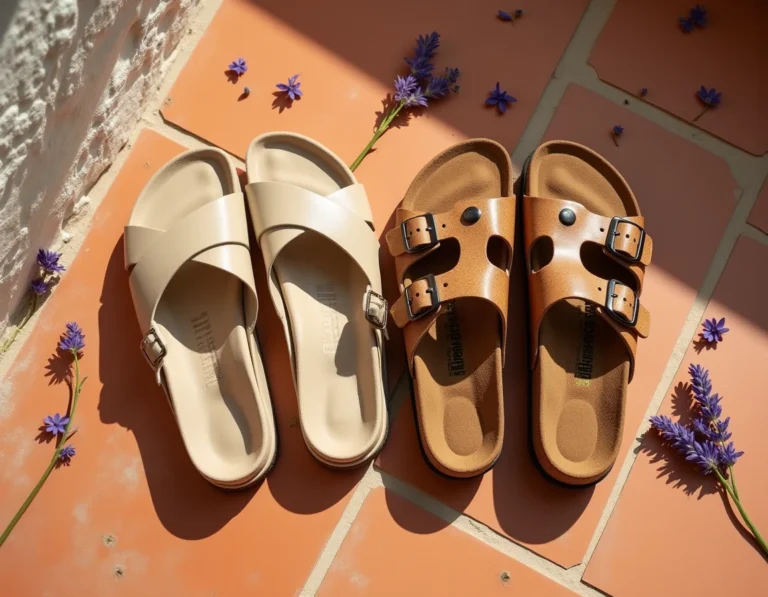 Comparatif entre sandales Billowy à semelle mousse et sandales Birkenstock à semelle liège sur carrelage terracotta méditerranéen