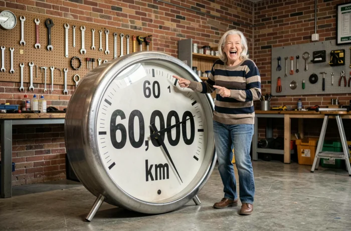 Femme de 60 ans souriant à côté d'un grand compteur kilométrique humoristique affichant 60 000 km