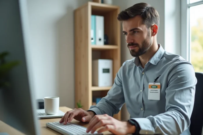 Agent de la ville de Paris utilisant son badge professionnel pour s'identifier sur le portail IntraParis depuis son bureau à domicile
