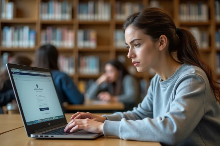 Étudiante connectée à un portail universitaire sur un ordinateur portable en bibliothèque