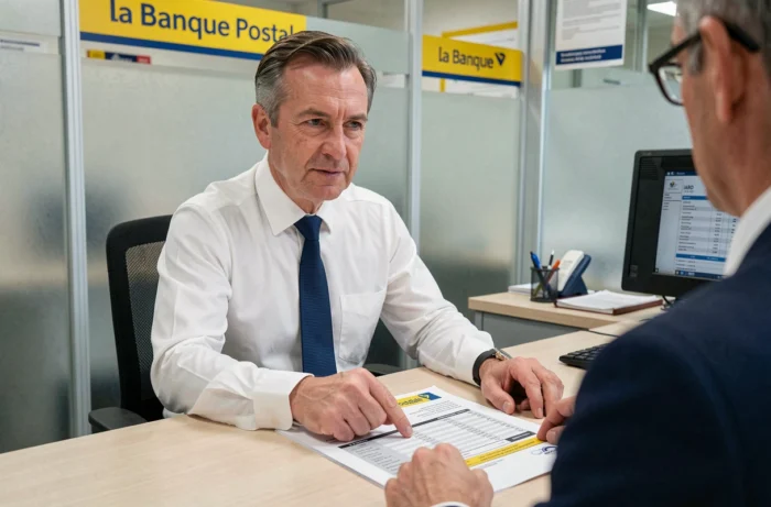 Conseiller bancaire La Banque Postale expliquant un prélèvement IARD à un client dans une agence