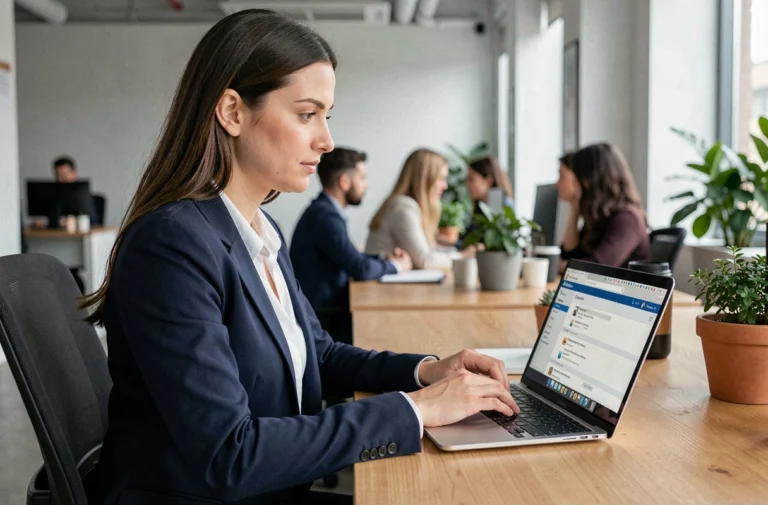 Femme professionnelle organisant ses documents sur une plateforme de stockage en ligne lors d'un changement d'employeur