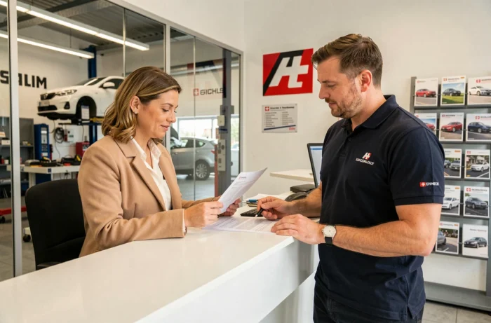 Cliente discutant d'un rapport d'inspection avec un conseiller dans la réception d'un garage automobile suisse moderne