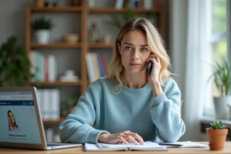 Femme contacting le service client Roomlala par téléphone depuis son bureau à domicile