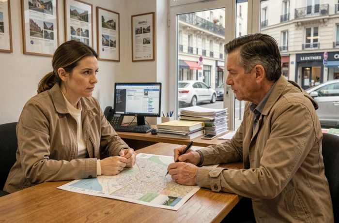 Couple en rendez-vous chez un agent immobilier pour comprendre les zones tendues en France