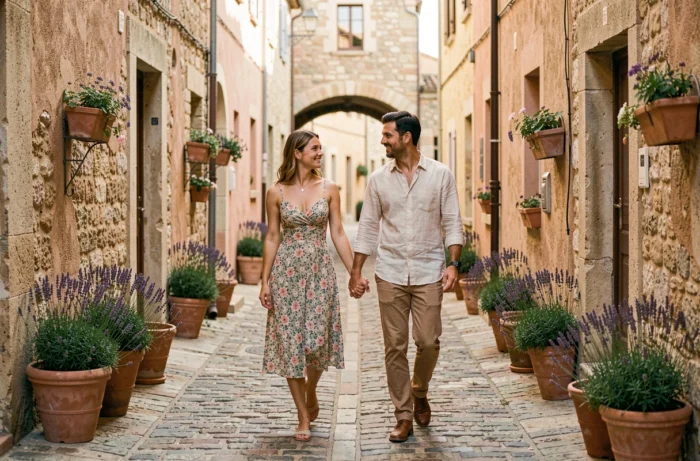 Couple amoureux se promenant dans une ruelle pavée d'un village provençal avec des façades en pierre ocre et des pots de lavande