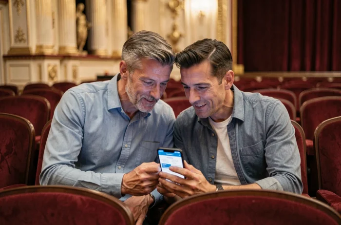 Couple choisissant leurs places sur smartphone assis dans les fauteuils du Théâtre du Palais-Royal