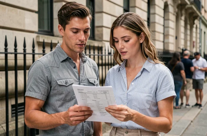 Couple consultant une liste de formalités visa devant une ambassade pour préparer leur voyage à l'étranger
