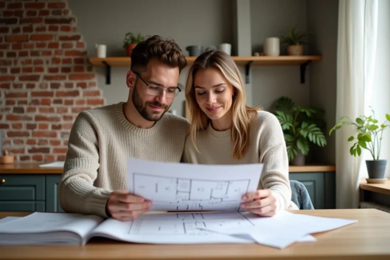 Couple examinant des documents immobiliers à une table en bois dans un appartement moderne