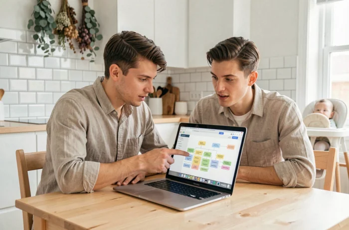 Jeune couple de parents explorant ensemble le plan de navigation d'un site de conseils bébé sur un ordinateur portable dans une cuisine moderne