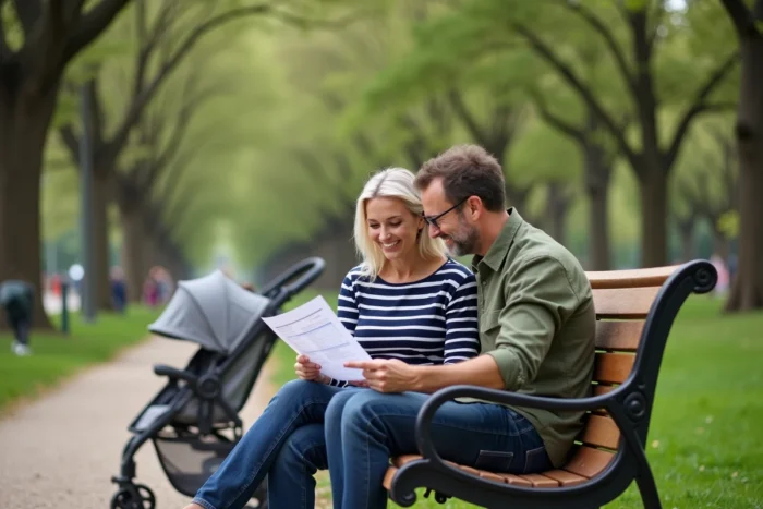 Couple de parents consultant un planning familial sur un banc de parc en ville avec une poussette, abordant l'organisation et les astuces de la vie parentale