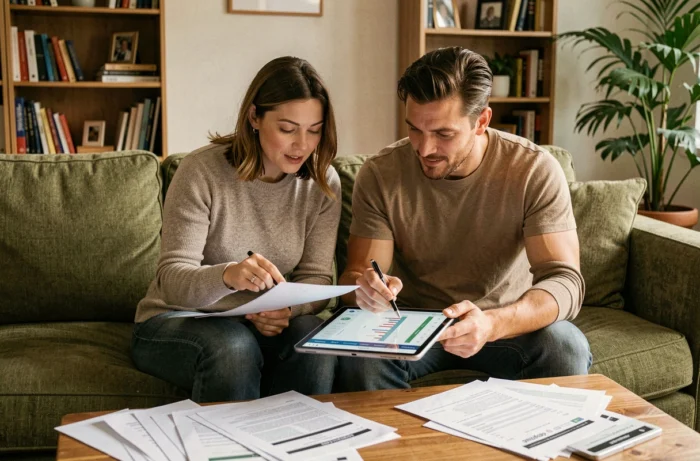 Couple planifiant leur budget familial ensemble sur un canapé avec des documents et une tablette numérique