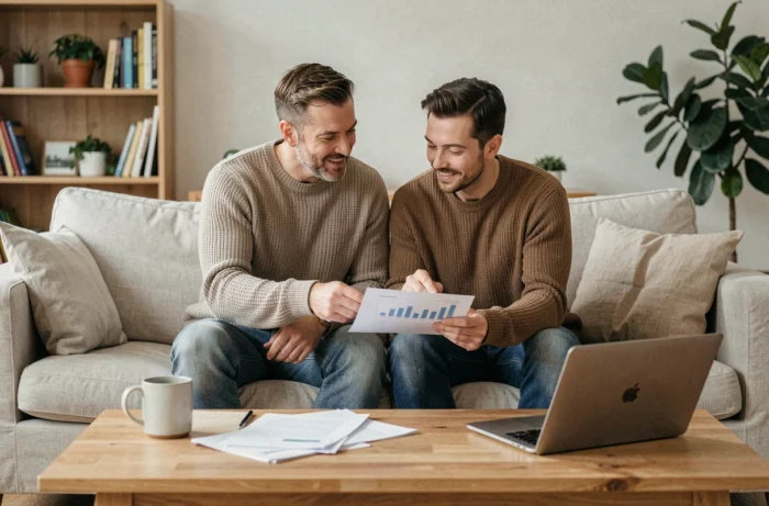 Couple planifiant ensemble leurs finances personnelles avec des documents et un ordinateur portable dans leur salon